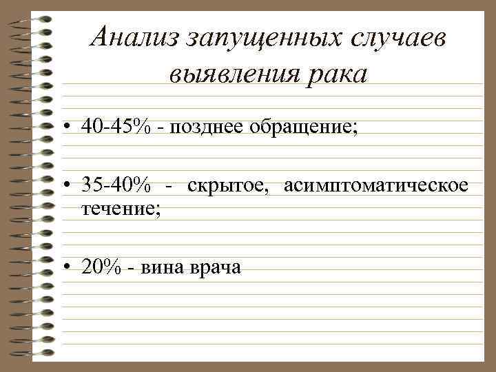 Анализ запущенных случаев выявления рака • 40 -45% - позднее обращение; • 35 -40%