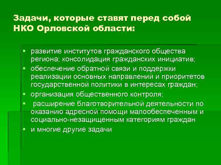 Задачи, которые ставят перед собой НКО Орловской области: § развитие институтов гражданского общества региона;