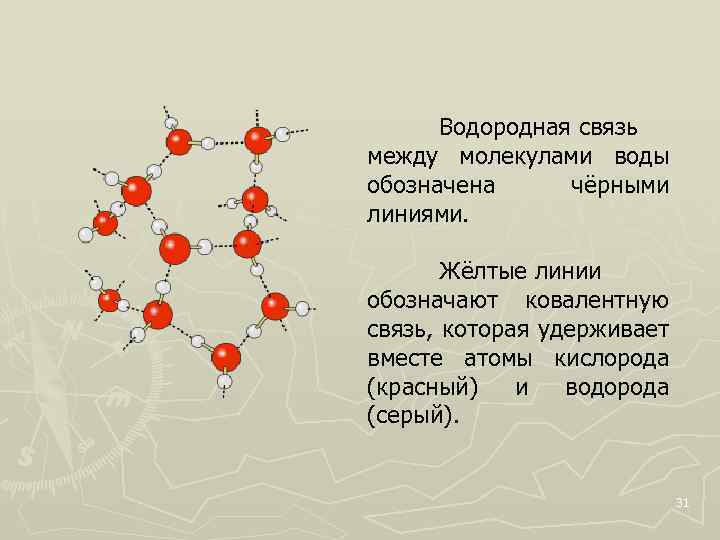 Водородная связь между молекулами воды обозначена чёрными линиями. Жёлтые линии обозначают ковалентную связь, которая