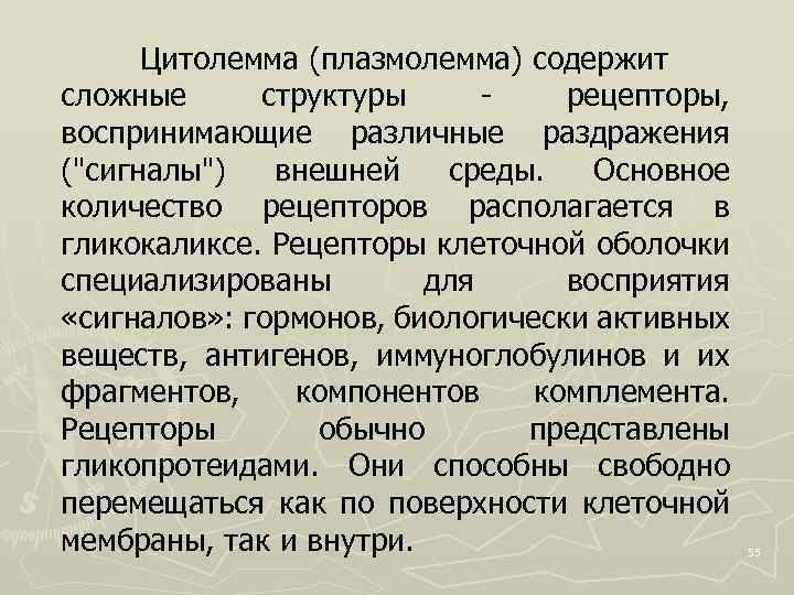 Цитолемма (плазмолемма) содержит сложные структуры рецепторы, воспринимающие различные раздражения ("сигналы") внешней среды. Основное количество