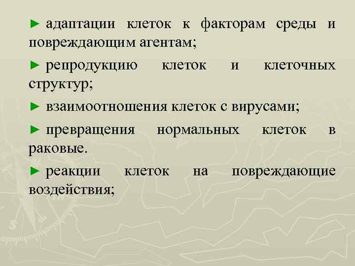 адаптации клеток к факторам среды и повреждающим агентам; ► репродукцию клеток и клеточных структур;