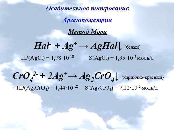 Осадительное титрование Аргентометрия Метод Мора Hal- + Ag+ → Ag. Hal↓ (белый) ПР(Ag. Cl)