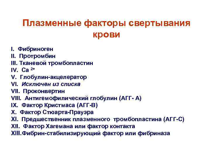 Плазменные факторы свертывания крови I. Фибриноген II. Протромбин III. Тканевой тромбопластин IV. Са 2+