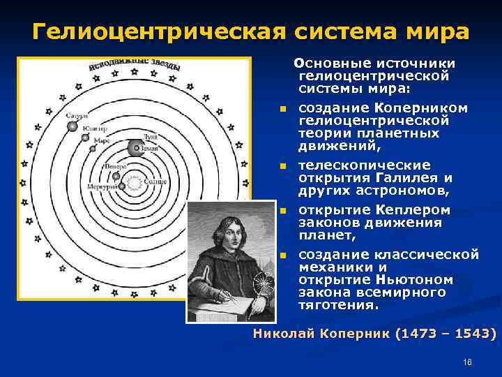 Гелиоцентрическая система мира Основные источники n n гелиоцентрической системы мира: создание Коперником гелиоцентрической теории