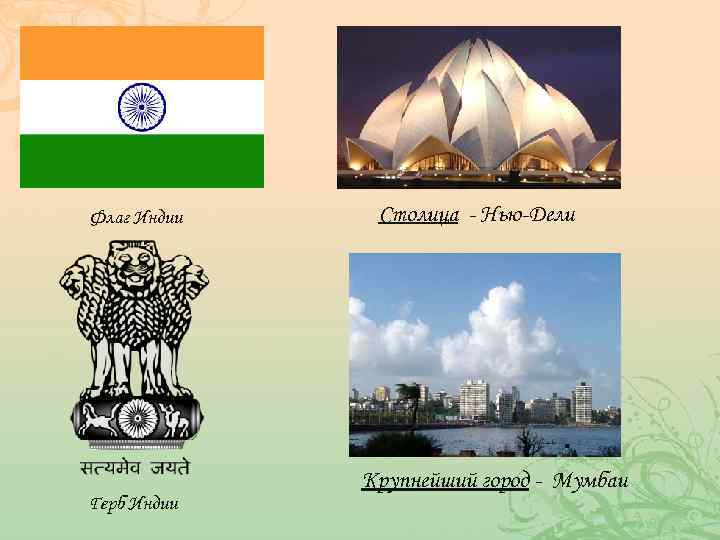 Флаг Индии Столица - Нью-Дели Крупнейший город - Мумбаи Герб Индии 