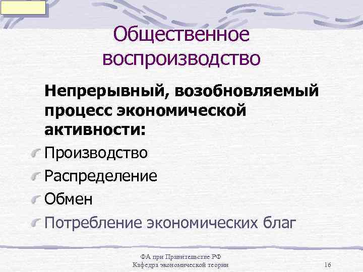 Общественное воспроизводство Непрерывный, возобновляемый процесс экономической активности: Производство Распределение Обмен Потребление экономических благ ФА