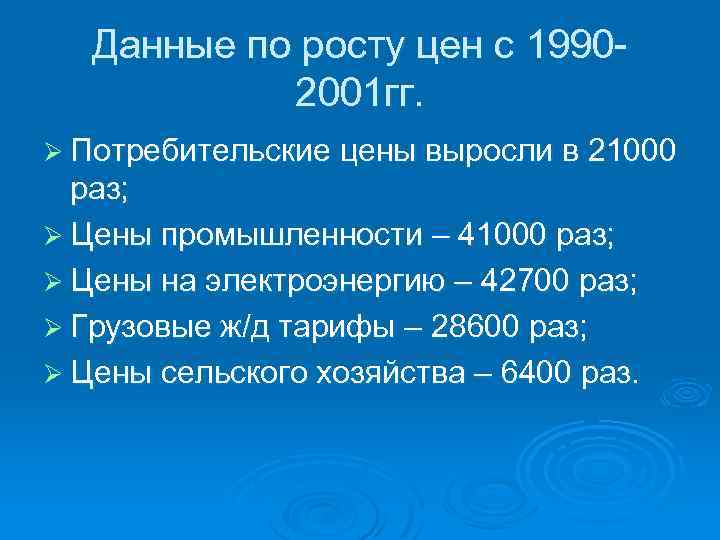 Данные по росту цен с 19902001 гг. Ø Потребительские цены выросли в 21000 раз;