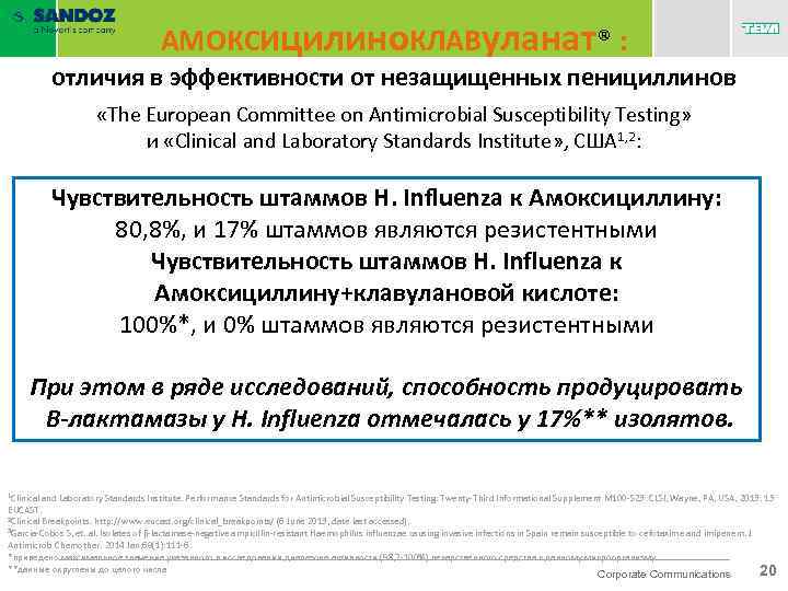 АМОКСИцилино. КЛАВуланат® : отличия в эффективности от незащищенных пенициллинов «The European Committee on Antimicrobial