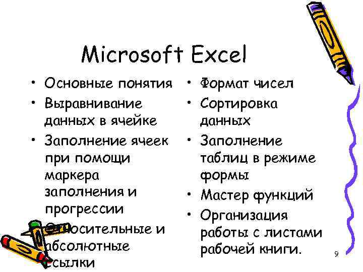 Microsoft Excel • Основные понятия • Выравнивание данных в ячейке • Заполнение ячеек при