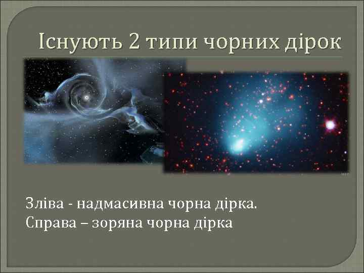 Існують 2 типи чорних дірок Зліва - надмасивна чорна дірка. Справа – зоряна чорна