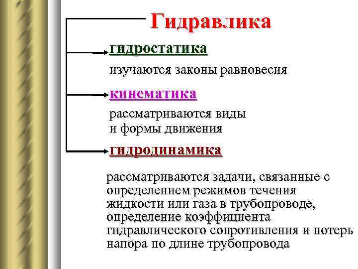Гидравлика гидростатика изучаются законы равновесия кинематика рассматриваются виды и формы движения гидродинамика рассматриваются задачи,
