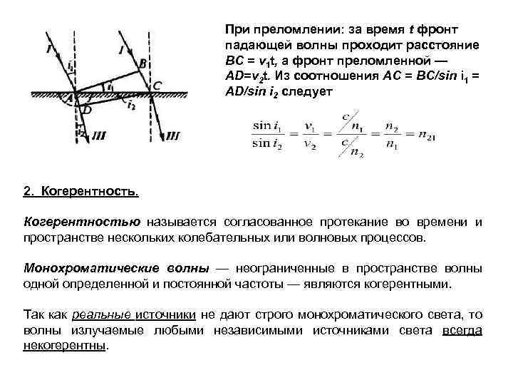 При преломлении: за время t фронт падающей волны проходит расстояние BC = v 1