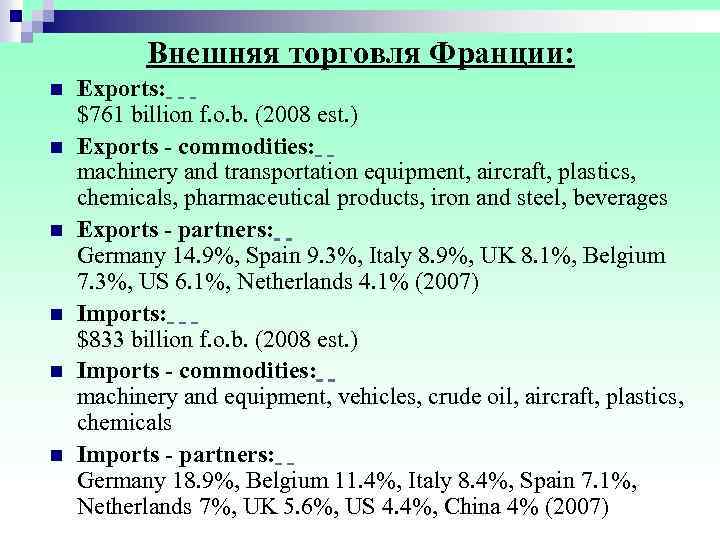  Внешняя торговля Франции: n Exports: $761 billion f. o. b. (2008 est. )