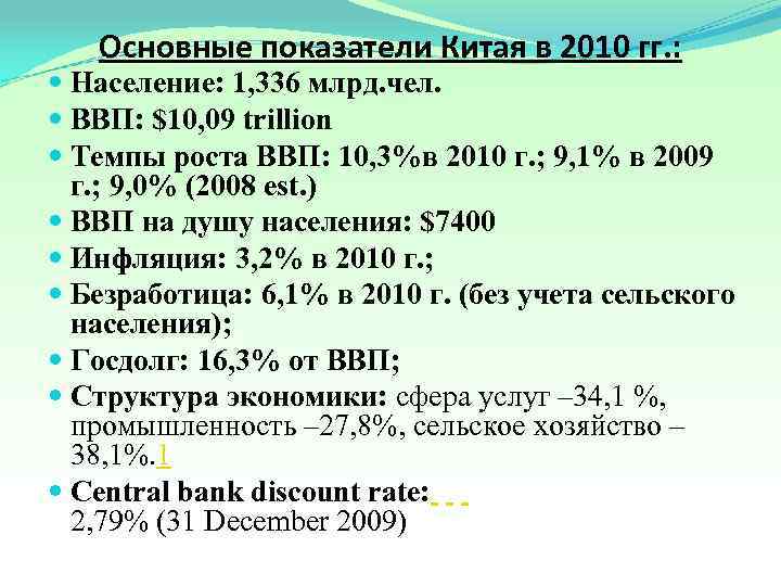 Основные показатели Китая в 2010 гг. : Население: 1, 336 млрд. чел. ВВП: $10,