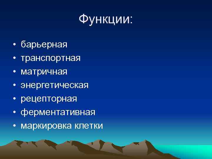 Функции: • • барьерная транспортная матричная энергетическая рецепторная ферментативная маркировка клетки 