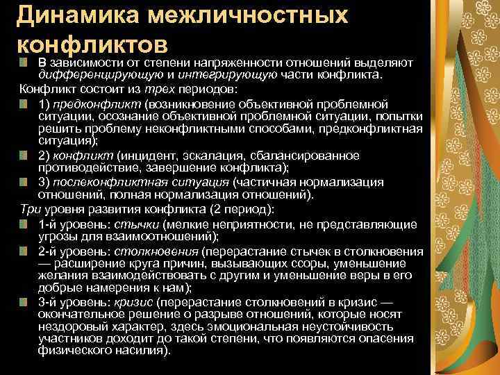 Динамика межличностных конфликтов В зависимости от степени напряженности отношений выделяют дифференцирующую и интегрирующую части
