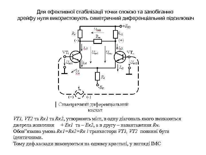 Для ефективної стабілізації точки спокою та запобіганню дрейфу нуля використовують симетричний диференціальний підсилювач VТ