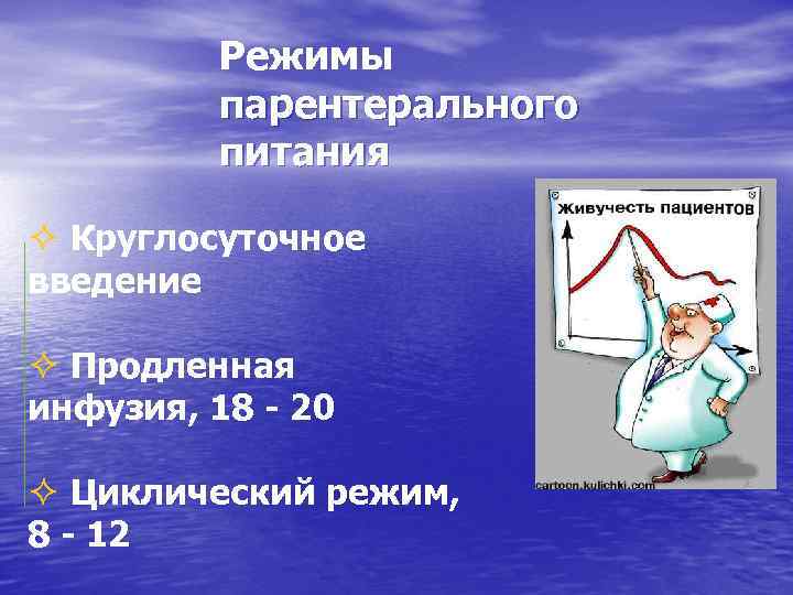 Режимы парентерального питания ² Круглосуточное введение ² Продленная инфузия, 18 - 20 ² Циклический