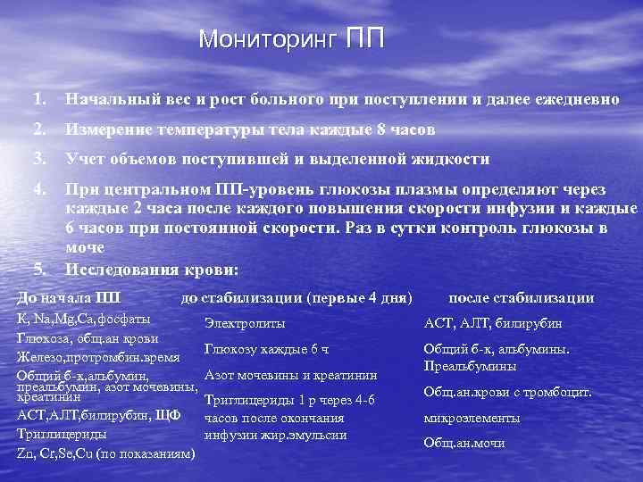 Мониторинг ПП 1. Начальный вес и рост больного при поступлении и далее ежедневно 2.