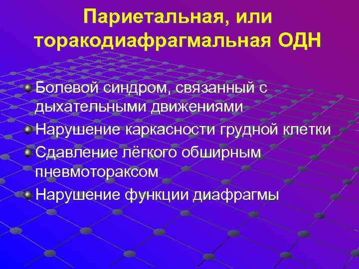  Париетальная, или торакодиафрагмальная ОДН Болевой синдром, связанный с дыхательными движениями Нарушение каркасности грудной