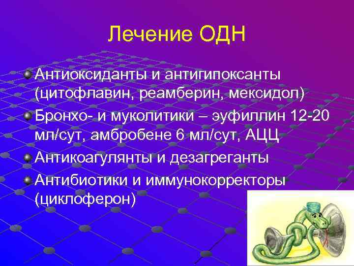  Лечение ОДН Антиоксиданты и антигипоксанты (цитофлавин, реамберин, мексидол) Бронхо- и муколитики – эуфиллин