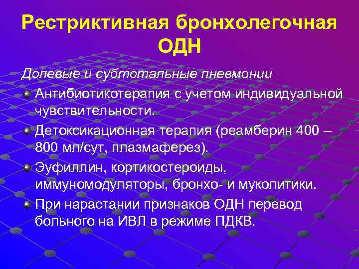 Рестриктивная бронхолегочная ОДН Долевые и субтотальные пневмонии Антибиотикотерапия с учетом индивидуальной чувствительности. Детоксикационная терапия