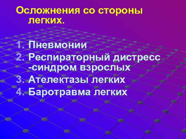 Осложнения со стороны легких. 1. Пневмонии 2. Респираторный дистресс -синдром взрослых 3. Ателектазы легких