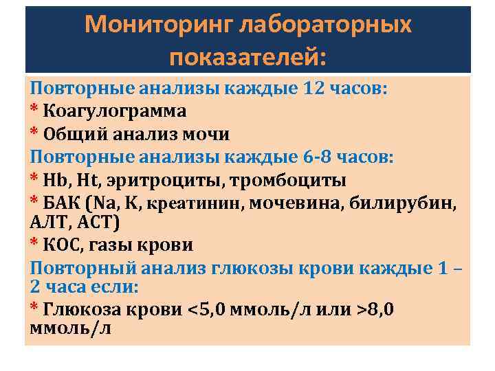 Мониторинг лабораторных показателей: Повторные анализы каждые 12 часов: * Коагулограмма * Общий анализ мочи