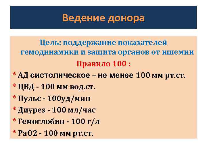 Ведение донора Цель: поддержание показателей гемодинамики и защита органов от ишемии Правило 100 :