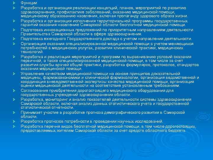 Ø Ø Ø Ø Функции Разработка и организация реализации концепций, планов, мероприятий по развитию
