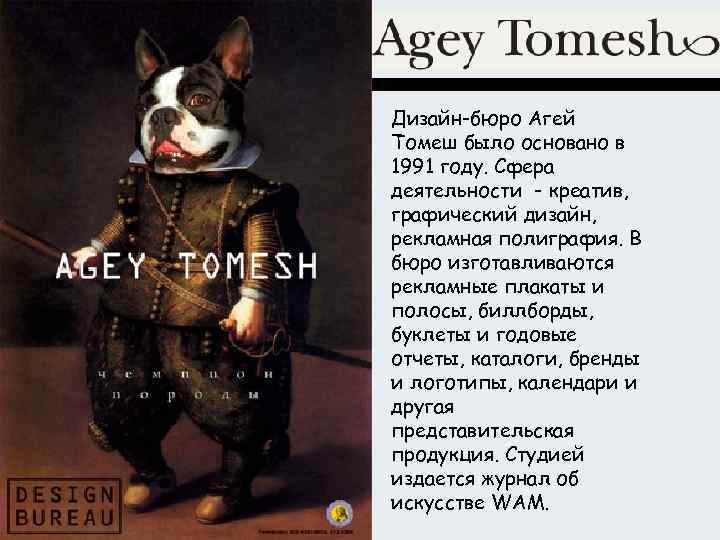 Дизайн-бюро Агей Томеш было основано в 1991 году. Сфера деятельности - креатив, графический дизайн,