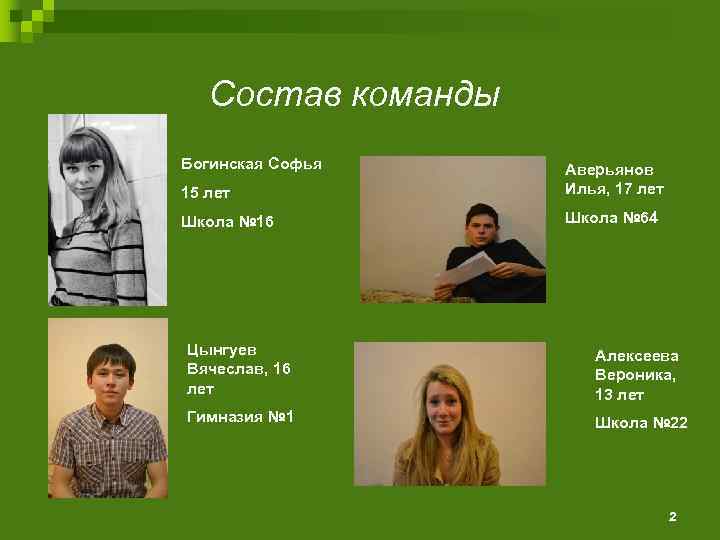 Состав команды Богинская Софья 15 лет Аверьянов Илья, 17 лет Школа № 16 Школа