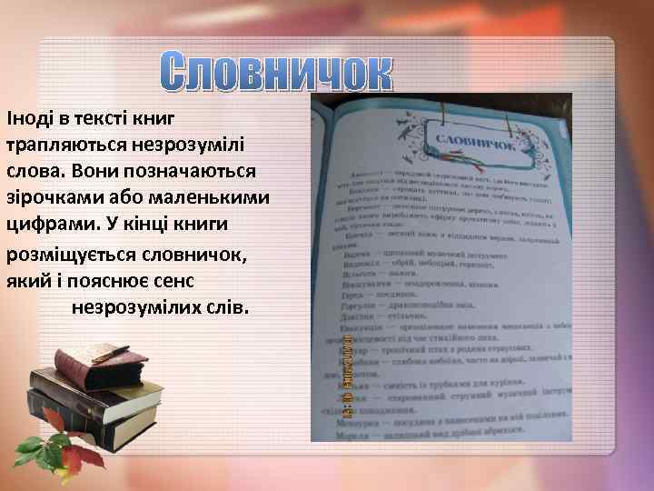 Словничок Іноді в тексті книг трапляються незрозумілі слова. Вони позначаються зірочками або маленькими цифрами.