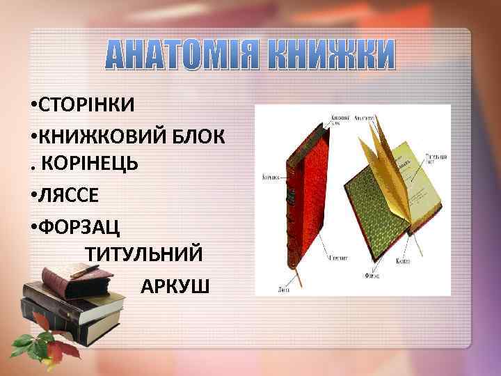 АНАТОМІЯ КНИЖКИ • СТОРІНКИ • КНИЖКОВИЙ БЛОК. КОРІНЕЦЬ • ЛЯССЕ • ФОРЗАЦ ТИТУЛЬНИЙ АРКУШ