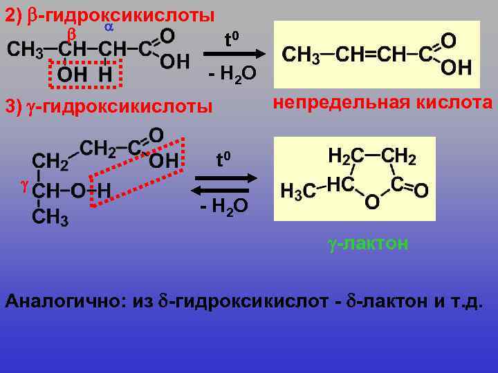 2) -гидроксикислоты t 0 - H 2 O непредельная кислота 3) -гидроксикислоты t 0
