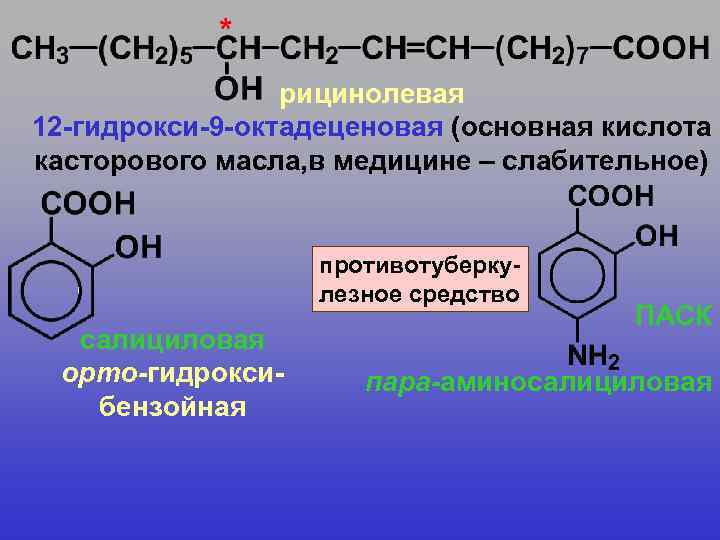 рицинолевая 12 -гидрокси-9 -октадеценовая (основная кислота касторового масла, в медицине – слабительное) противотуберкулезное средство