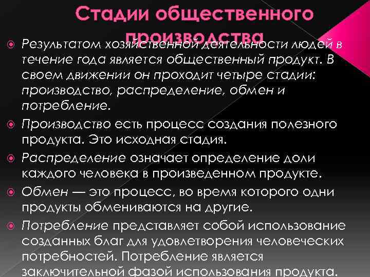  Стадии общественного производства Результатом хозяйственной деятельности людей в течение года является общественный продукт.