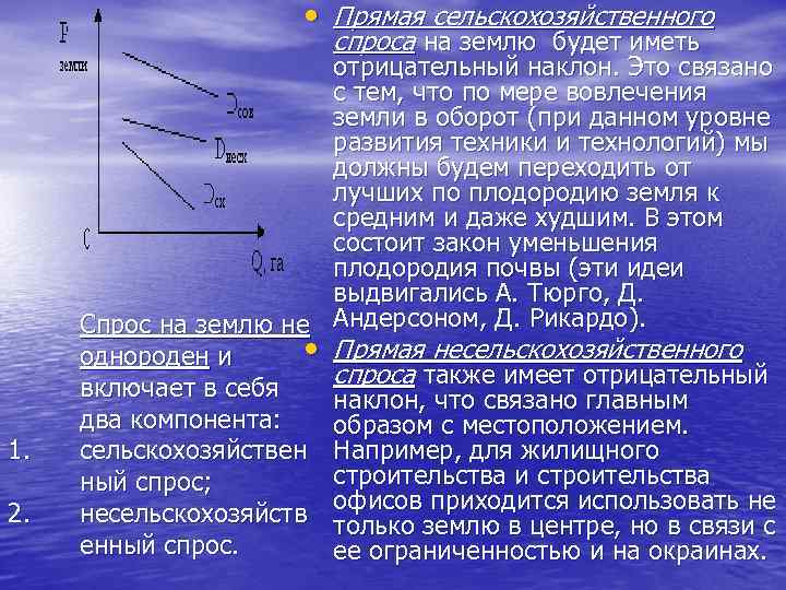  • Прямая сельскохозяйственного спроса на землю будет иметь 1. 2. отрицательный наклон. Это