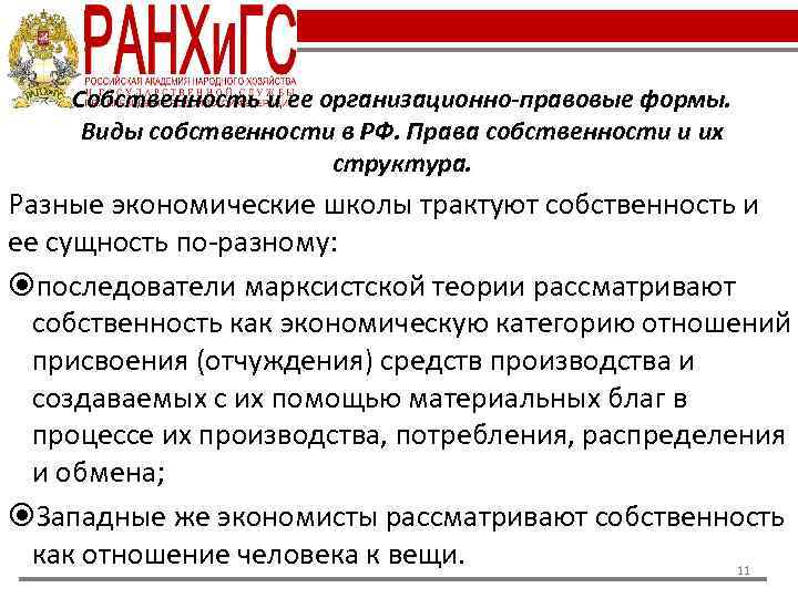 Собственность и ее организационно-правовые формы. Виды собственности в РФ. Права собственности и их структура.
