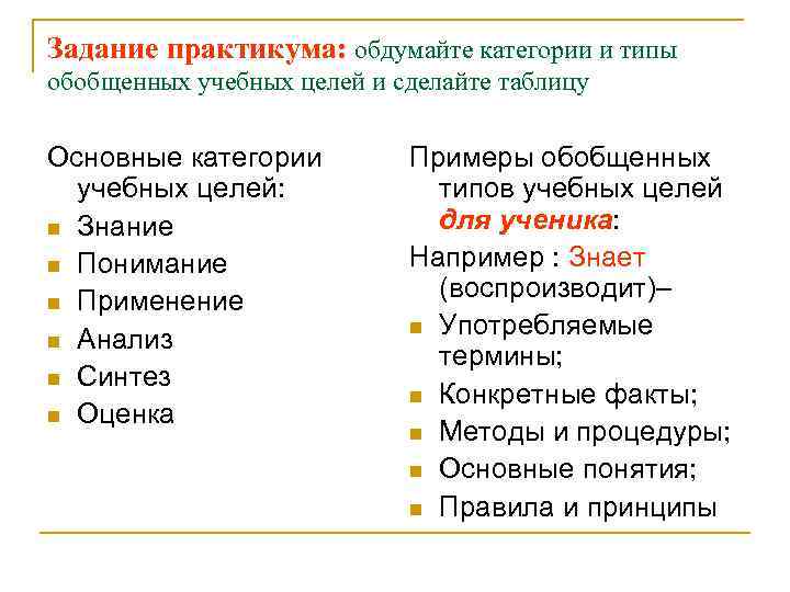 Задание практикума: обдумайте категории и типы обобщенных учебных целей и сделайте таблицу Основные категории