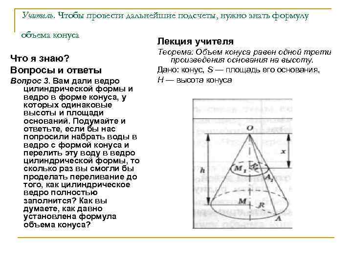  Учитель. Чтобы провести дальнейшие подсчеты, нужно знать формулу объема конуса Лекция учителя Теорема: