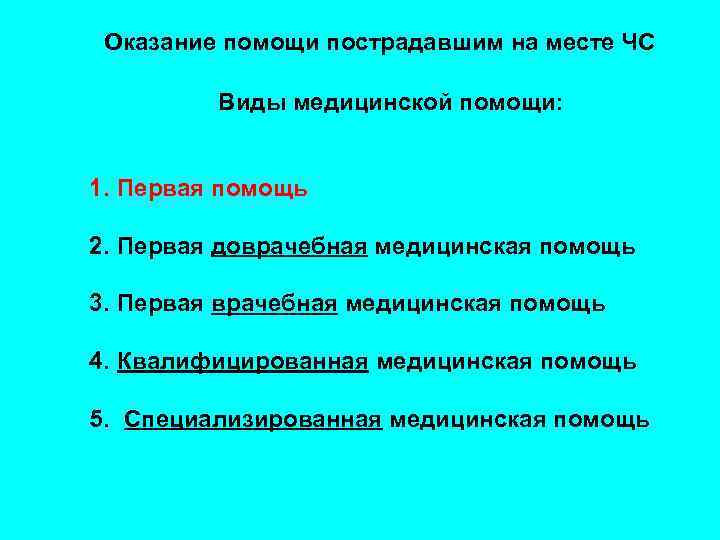 Оказание помощи пострадавшим на месте ЧС Виды медицинской помощи: 1. Первая помощь 2. Первая