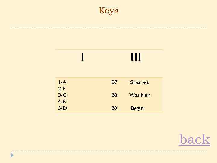 Keys I 1 -A 2 -E 3 -C 4 -B 5 -D III B