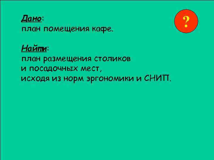 Дано: план помещения кафе. ? Найти: план размещения столиков и посадочных мест, исходя из