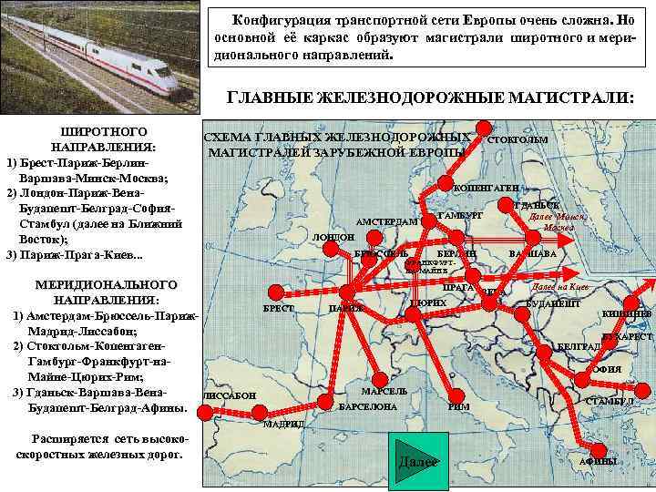 Конфигурация транспортной сети Европы очень сложна. Но основной её каркас образуют магистрали широтного и