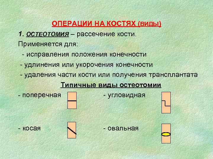 ОПЕРАЦИИ НА КОСТЯХ (ВИДЫ) 1. ОСТЕОТОМИЯ – рассечение кости. Применяется для: - исправления положения