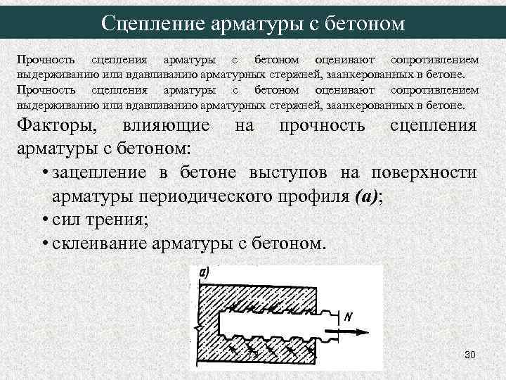 Сцепление арматуры с бетоном Прочность сцепления арматуры с бетоном оценивают сопротивлением выдерживанию или вдавливанию