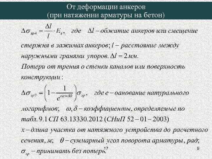 От деформации анкеров (при натяжении арматуры на бетон) 17 9 