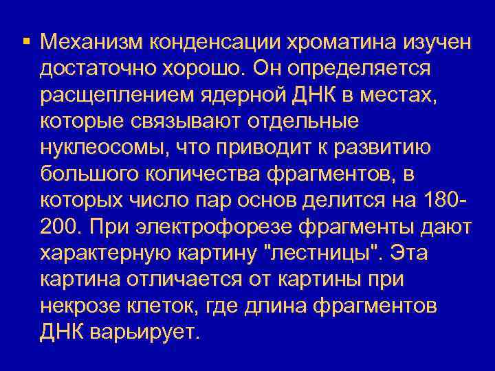 § Механизм конденсации хроматина изучен достаточно хорошо. Он определяется расщеплением ядерной ДНК в местах,