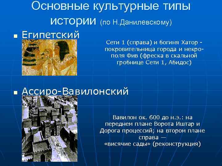 Основные культурные типы истории (по Н. Данилевскому) n Египетский n Ассиро-Вавилонский Сети 1 (справа)